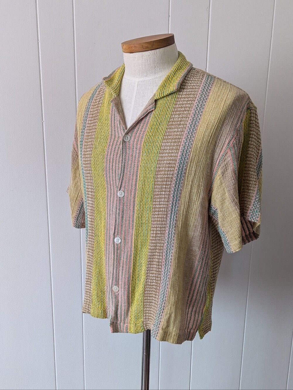 Cotton On Box Fit Short Sleeve Bright Yellow Stripe Button Down Shirt Size L